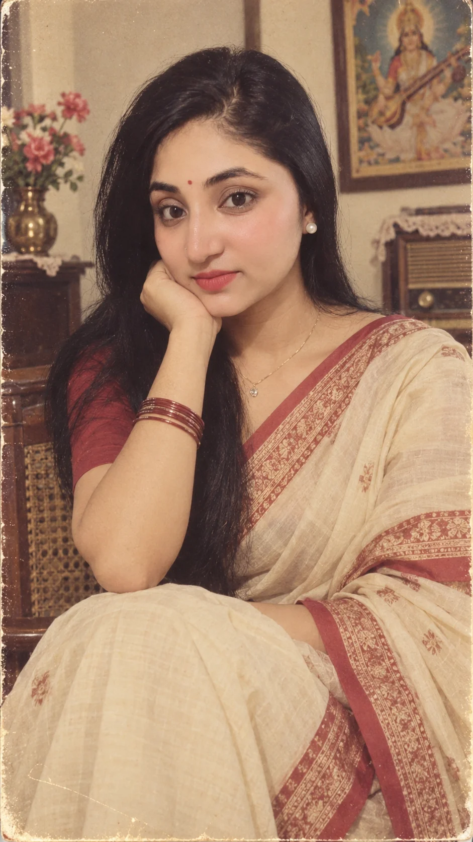 Rashee Choudhary in an ivory sari with a maroon border